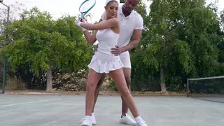 Busty August Ames flirting with her tennis couch